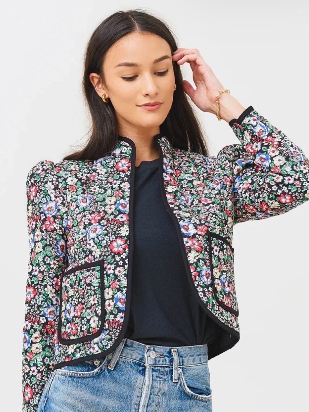 HUNTER BELL Black Trim Quilted Floral Cropped Jacket
